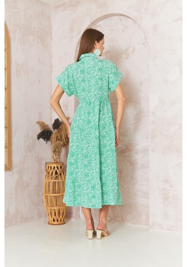 Kadın Gömlek Yaka Kısa Kollu Yeşil Elbise Dm1044 Yeşil
