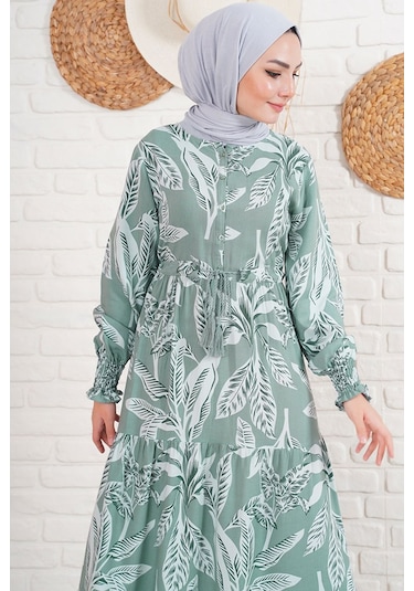 Bigdart 2145 Desenli Tesettür Elbise - Haki
