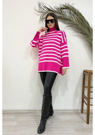 Kadın Uzun Kollu Balıkçı Yaka İspanyol Kol Triko Bluz Pembe