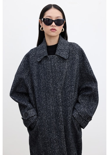 Asimetrik Kapama Kaşe Kaban Siyah Siyah