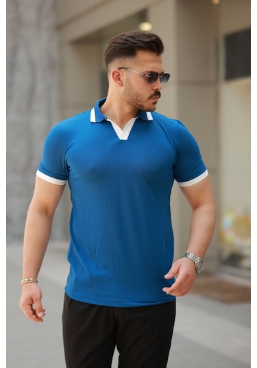 Erkek Hemşire Yaka Kısa Kollu Tişört Mavi