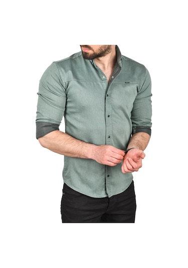 Deepsea Erkek Yeşil Slim Fit Pamuklu Kot Gömlek Kolay Ütülenebilir Çıt Çıtlı Likralı Spor Gömlek 2502504 Yeşil