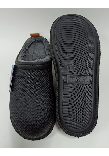 Gezer Kışlık Islak Zemin Erkek Terlik Önü Kapalı Tüylü Siyah Siyah