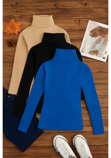 3'lü Paket Kadın Basic Tam Balıkçı Yaka Kazak Çok Renkli-2
