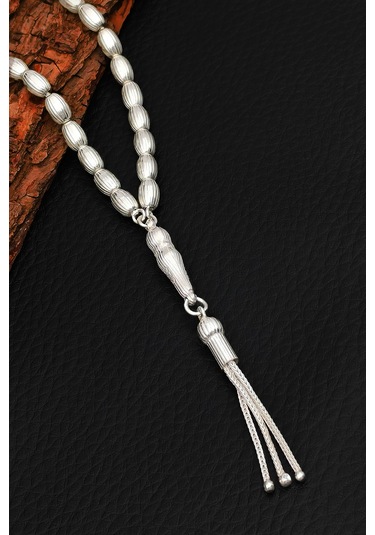 Gümüş Tesbih Erkek Çizgili Arpa Kesim Gümüş Tesbih 925 Ayar St380 Gümüş