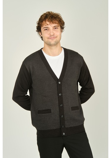 Ateş Triko Erkek Cep Detaylı V Yaka Yün Hırka 4490 Füme Füme