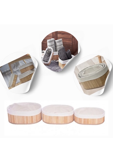 3'lü Bambu Sepet - Naturel Astarlı Çok Amaçlı Saklama Kutusu Bej