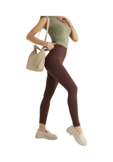 Haki Yüksek Bel Fitilli Toparlayıcı İnterlok Örme Şardonlu Spor Kışlık Tayt Kahverengi