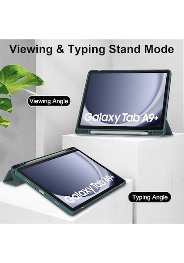 Neevoyu Samsung Galaxy Tab A9/a9 Plus Kılıfı 11 İnç - Kalem Slotlu, Uyandırma Fonksiyonlu, Üç Katlı Şeffaf Tablet Koruması - Koyu Yeşil