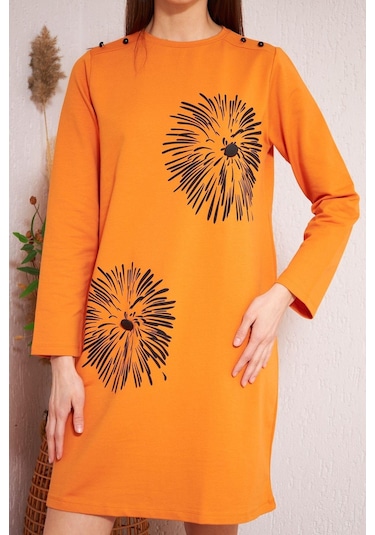Darlin Moda Turuncu Baskılı Düğme Detaylı Tunik DM60346 Turuncu