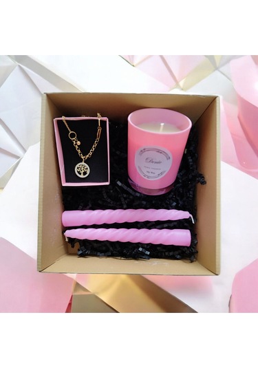 Denic Hediye Seti Kokulu Pembe Bardak Mum Yaşam Agacı Kolye Burgulu Mum