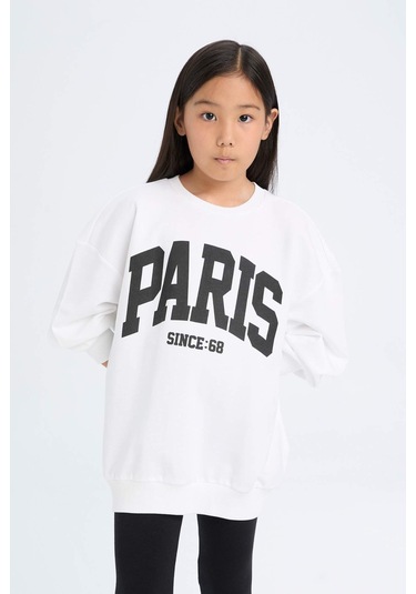 DeFacto Kız Çocuk 2'li Takım Baskılı Sweatshirt Uzun Tayt D6453A8NSWT34 Beyaz
