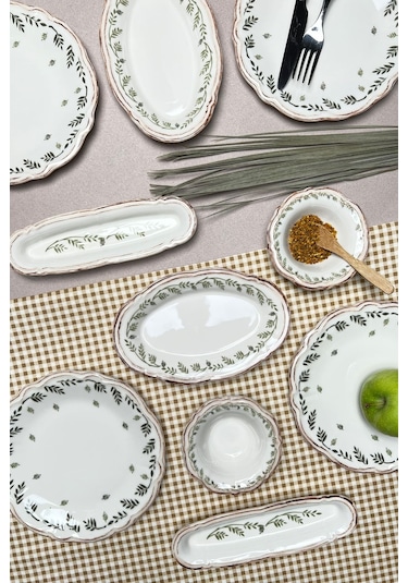 Tabak Evi Stoneware Flower Green Kahvaltı Takımı 6 Kişilik 14 Prç Beyaz - Yeşil