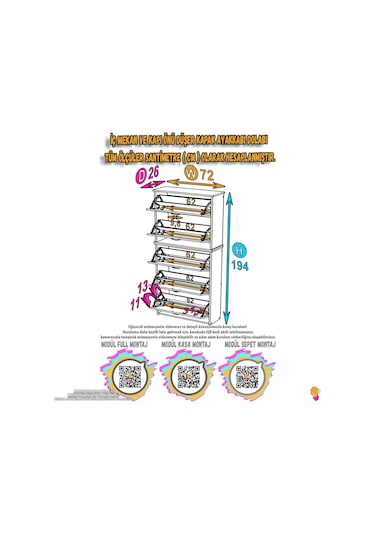 Modilayn Verve Asma Antre 72x194x26 Cm Lik 3 Düşer Kapak 10 Göz Bölmeli Ayakkabılık Beyaz
