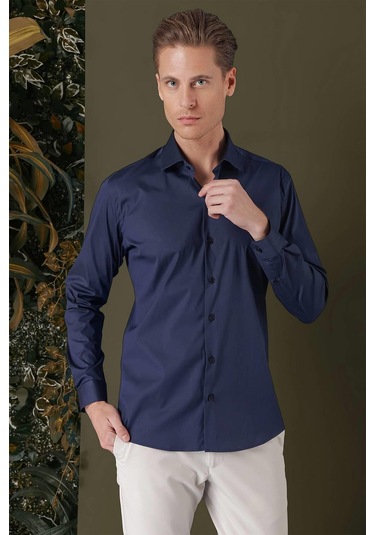 Gk 709 Slim Fit Lacivert Klasik Gömlek Lacivert