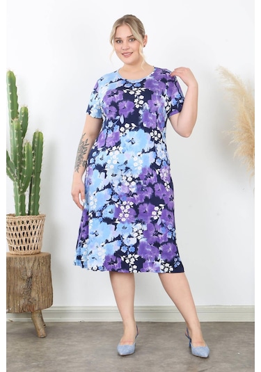 Kadın Mavi Mor Kırçiçeği Desen Midi Elbise Mavi