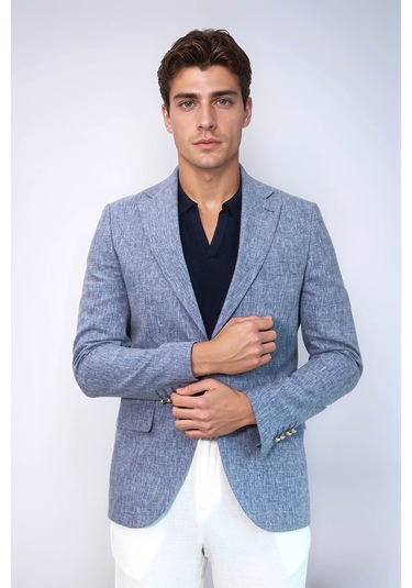Koyu Mavi Keten Dokulu Gold Renk Metal Düğmeli Slim Fit Erkek Blazer Ceket - Wessi Navy Blue