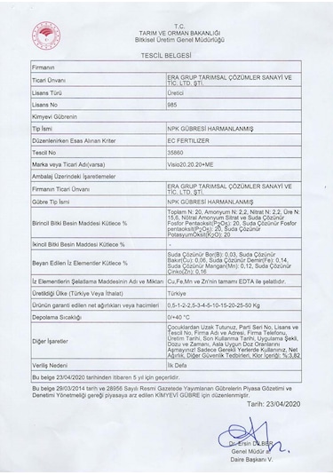 Visio 20-20-20 Toz Gübre  (NPK) Azot Fosfor Potasyum ve Bor ,Çinko, Demir, Mangan, Bakır içerikli 5 kg