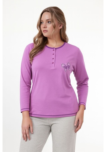 Kadın Bisiklet Yaka Düğmeli Kelebek Nakışlı Uzun Kol Büyük Beden Pamuk Curve Gecelik mor
