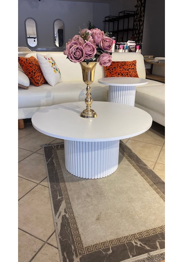 Most Bohem Orta Sehpa 2'li Set %100 Ahşap 85 Cm. Çap Beyaz