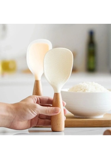 Fosenze Yemek Grubu Silikon + Ahşap Pişirme Kaşığı, Isı Dayanıklı, Dikey Konumlanabilir, Gri Renk, 1 Adet Pirinç Ve Yemek Servisi İçin