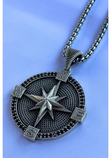 Pusula El İşçiliği Paslanmaz Çelik Zincir Erkek Kolye Gümüş