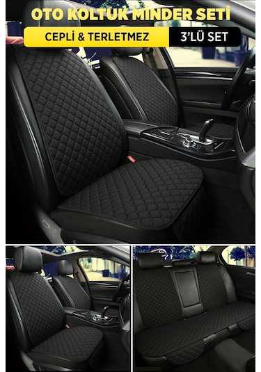 Organic Tay Tüyü Cepli & Terletmez Sırtlı Oto Koltuk Minder Seti Siyah-siyah Koltuk Koruma Kılıfı 3'lü Set