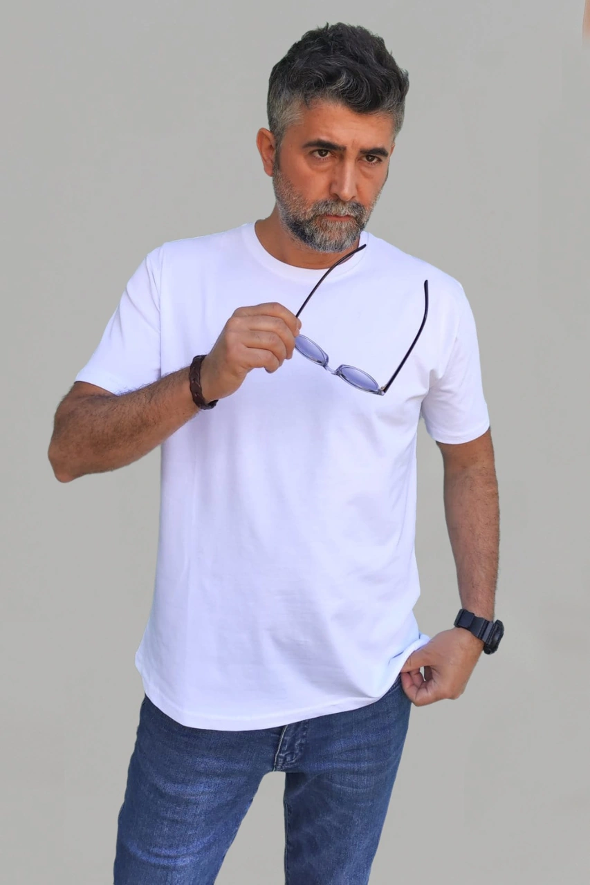 Erkek Beyaz Slim Fit Bisiklet Yaka Pamuk Elastan Basic Tişört Vk-erkektişört-tekli Beyaz