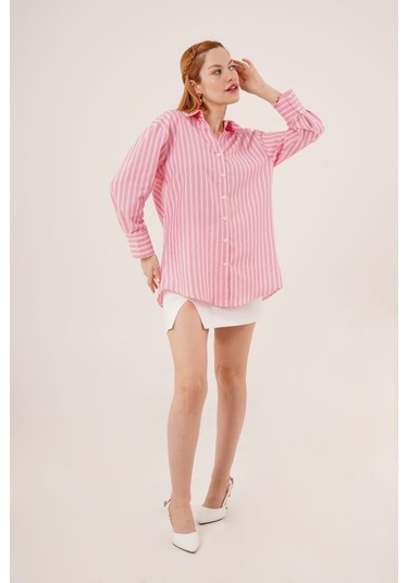 Çift Çizgi Geçişli Düğmeli Pembe Gömlek Karışık Çok Renkli