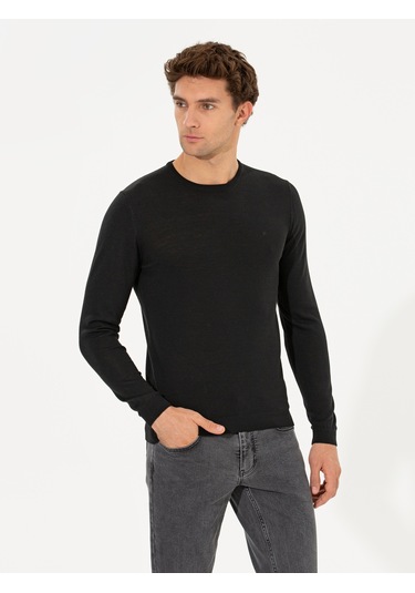 Cacharel Siyah Slim Fit Bisiklet Yaka Basic Triko Kazak