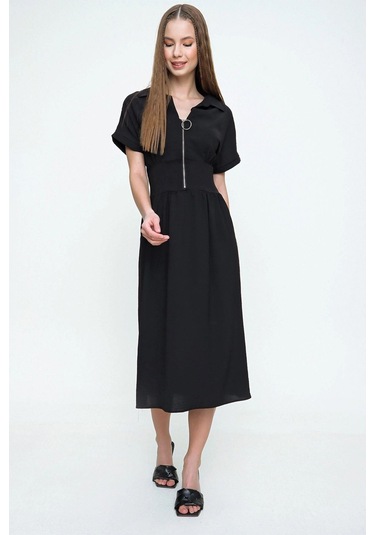 Kadın Siyah Fermuarlı Beli Büzgülü Airobin Polo Yaka Elbise Maksi Boy Uzun Rahat Ve Günlük Siyah