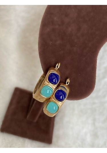 Turkuaz - Mavi Mineli Halka Gold Çelik Kararmaz Küpe Çifti Altın