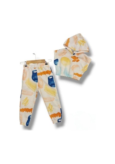 Kız Çocuk Kapüşonlu Crop T-shirt Yazlık Desenli Eşofman Takım-15677 Çok Renkli