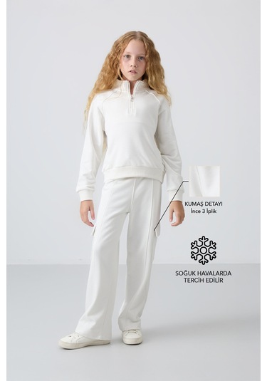 Tommy Life Ekru Pamuklu İçi Tüylü Yumuşak Dokulu Standart Fit Nakışlı Kız Çocuk Eşofman Takım - 75159 Ekru