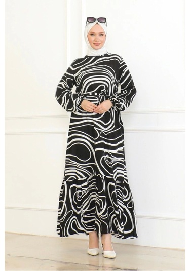 Çizgi Desenli Viskon Elbise - Siyah Siyah