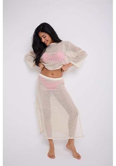 Yırtmaçlı Uzun File Etek Ekru