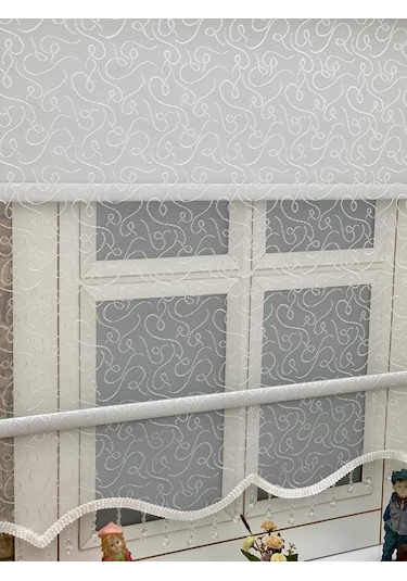 Ekru Spor Desenli Çift Mekanızmalı Tül Stor Perde (125402906)