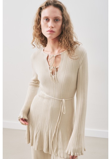 Volanlı Lastik Örgü Tunik Bej Bej