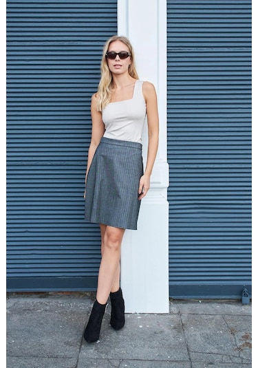 Kadın Hafif Likralı Desenli Kumaş Ekoseli Yüksek Bel Diz Boy Çan Etek-balık Sırtı Balık Sırtı