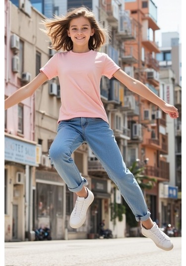 Toz Pembe Çocuk T-shirt Kız Erkek Unisex %100 Pamuk Toz Pembe