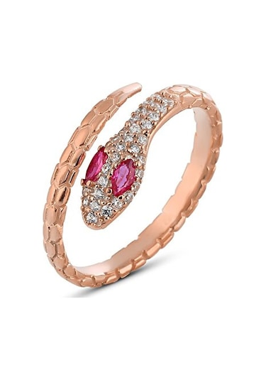 Zanaatsilver 925 Ayar Gümüş Rubi Gözlü Rose Yılan Modeli Yüzük