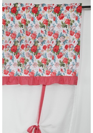 Naturel Potlu Tül Perde Spring Fırfırlı Çiçek Kırmızı