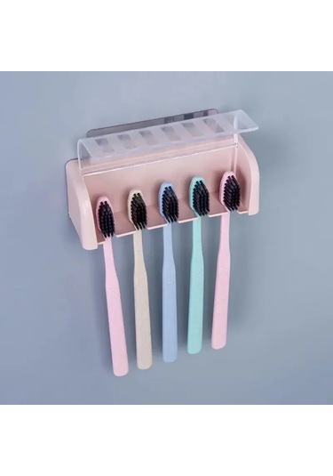 Banyo Duvara Monte Diş Fırçası Tutucu Kapaklı 5 Yuvaları Sondaj Olmadan Ev Pembe 13.5x5x4.5cm Pembe