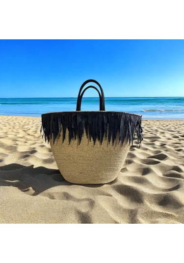 Hasır Çanta, Plaj Çantası, Tasarım Çanta, Siyah Kalın Püsküllü El Çantası Kahverengi - Siyah