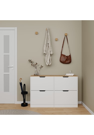 İsan Düşer Kapak 4 Bölmeli Ayakkabılık Beyaz-ceviz 120 Cm Ceviz - Beyaz