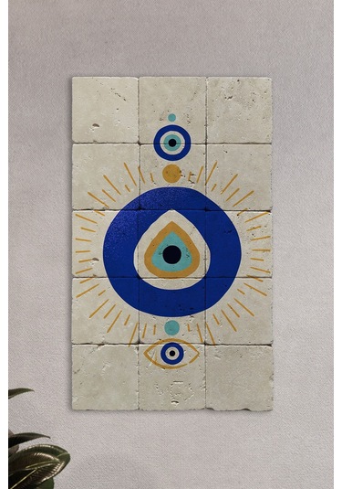 Doğal Taş Tablo Nazar Boncuğu Tablo, - Duvar Dekoru, Salon Tablosu 30x50cm Nazar Boncuğu