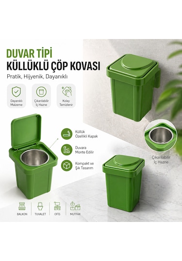 Duvara Monte Kapaklı Mini Çöp Kovası Çıkarılabilir Hazneli Pratik Duvar Tipi Kutu Yeşil