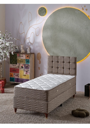 Beehanem Bengü Tek Kişilik 3lü Set Yatak+baza+başlık Keten Kahve 90 X 190