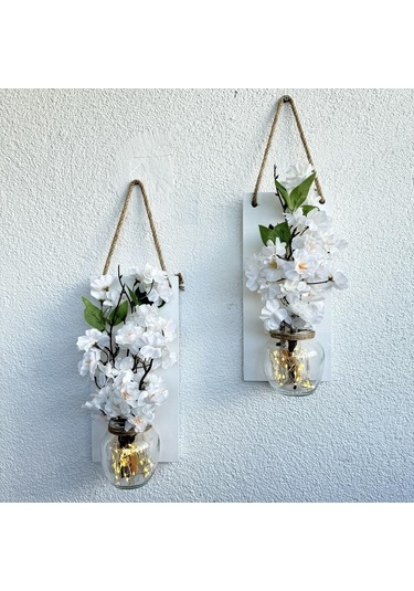 Led Işıklı, Lüx Beyaz Bahardalı Çiçekli Duvar Dekoru Beyaz İkili Set Beyaz