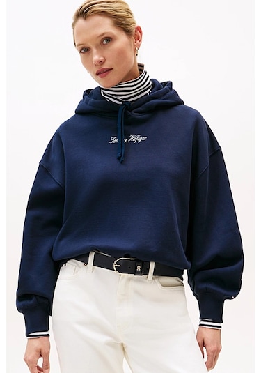Kadın Rahat Kalıp Düşük Omuzlu Kapüşonlu Sweatshirt - Lacivert Dark Night Navy